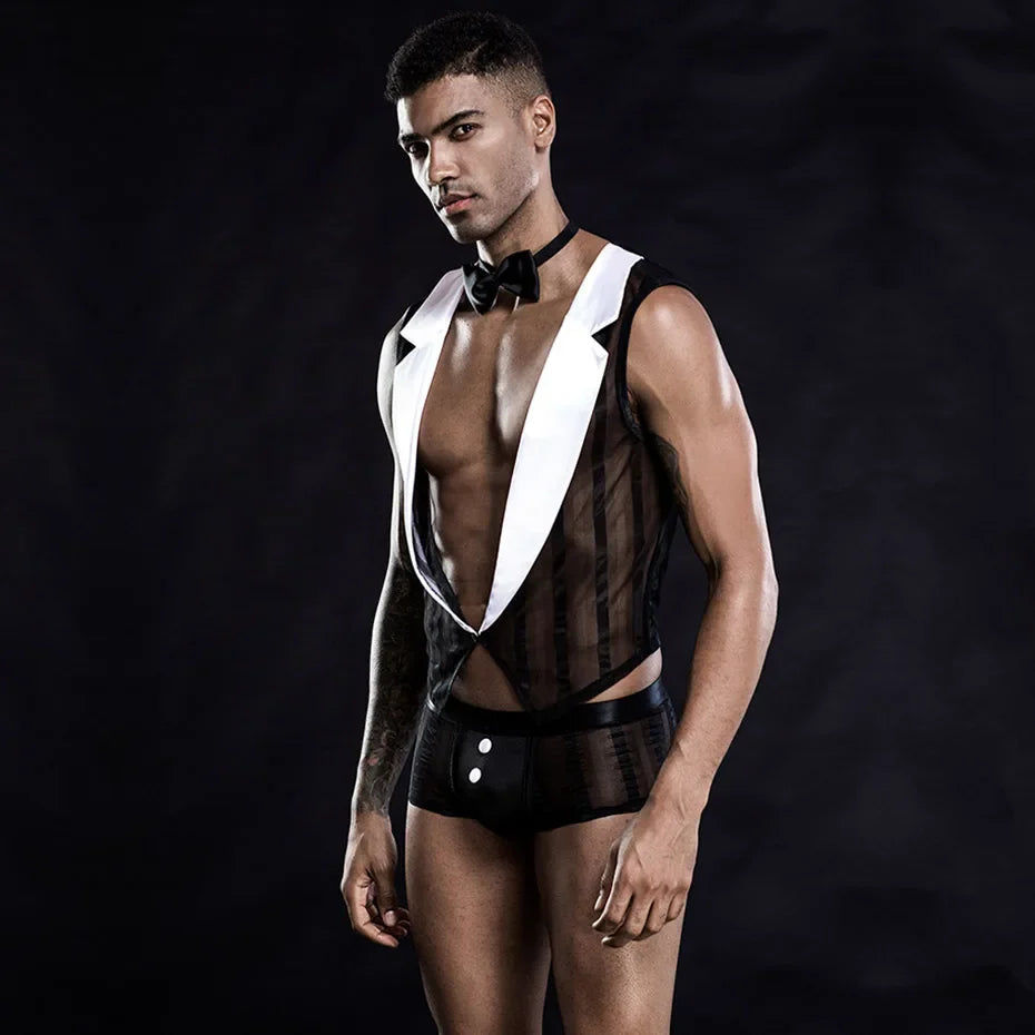 Men Alluring Waiter Bodysuit Lingerie Set Lace Erotic