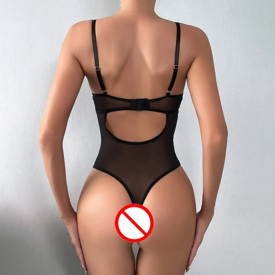 Alluring Black Open Crotch Teddy Women Lingerie Sleepwear