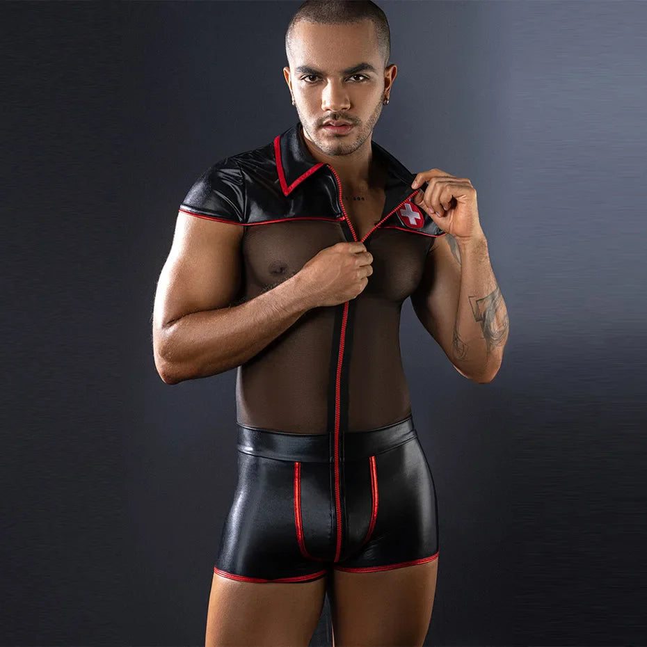 Men Alluring Lace Bodysuit Transparent Nightwear For Erotic