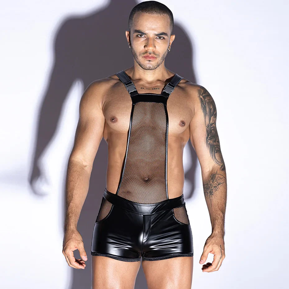 Men Alluring Leather Bodysuit Hollow Out One-Piece
