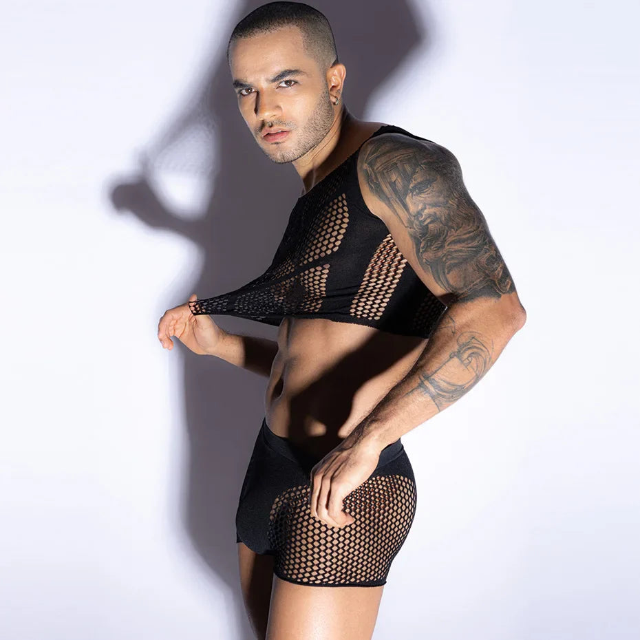 Men Fishnet Bodysuit And Pants Set Alluring Lingerie