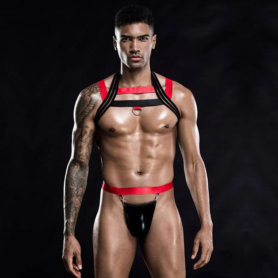 Men 2-Piece Red Leather Bodysuit Alluring Hollow Out Teddy