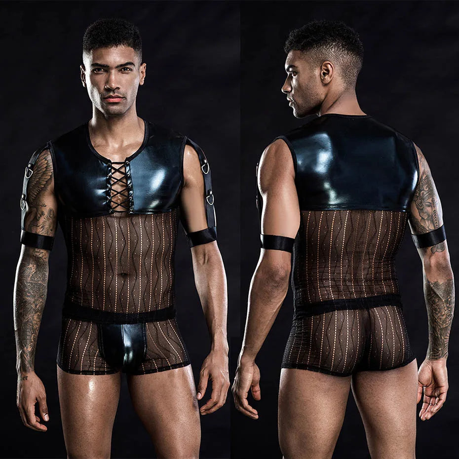 Alluring Waiter Uniform Cosplay Lingerie Set Black Mesh Men
