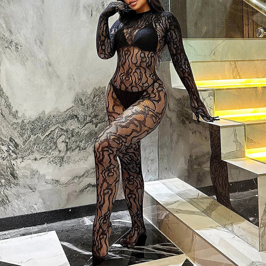 Alluring Black Fishnet Bodysuit Women Erotic Lingerie