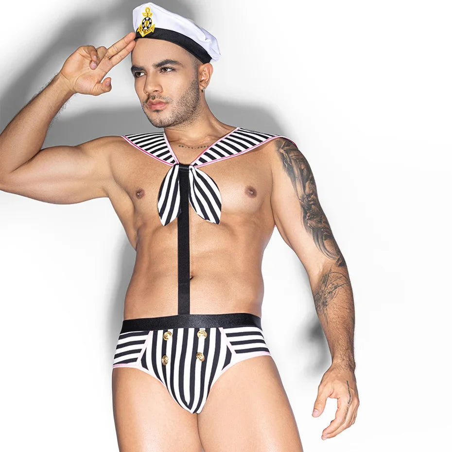 Striped Sailor Cosplay Bodysuit Men Alluring Lingerie