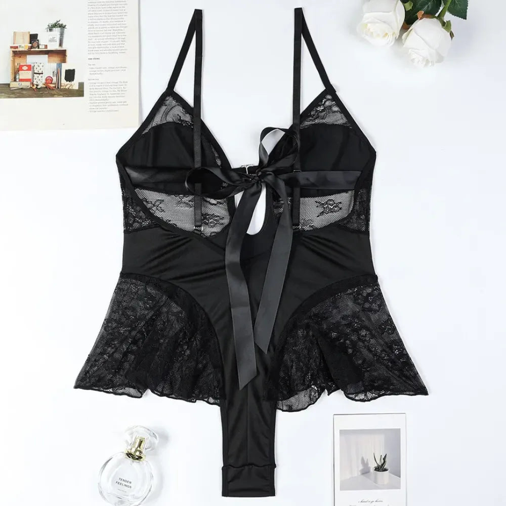 Black Lace Bodysuit Alluring Deep V Neck Teddy Lingerie