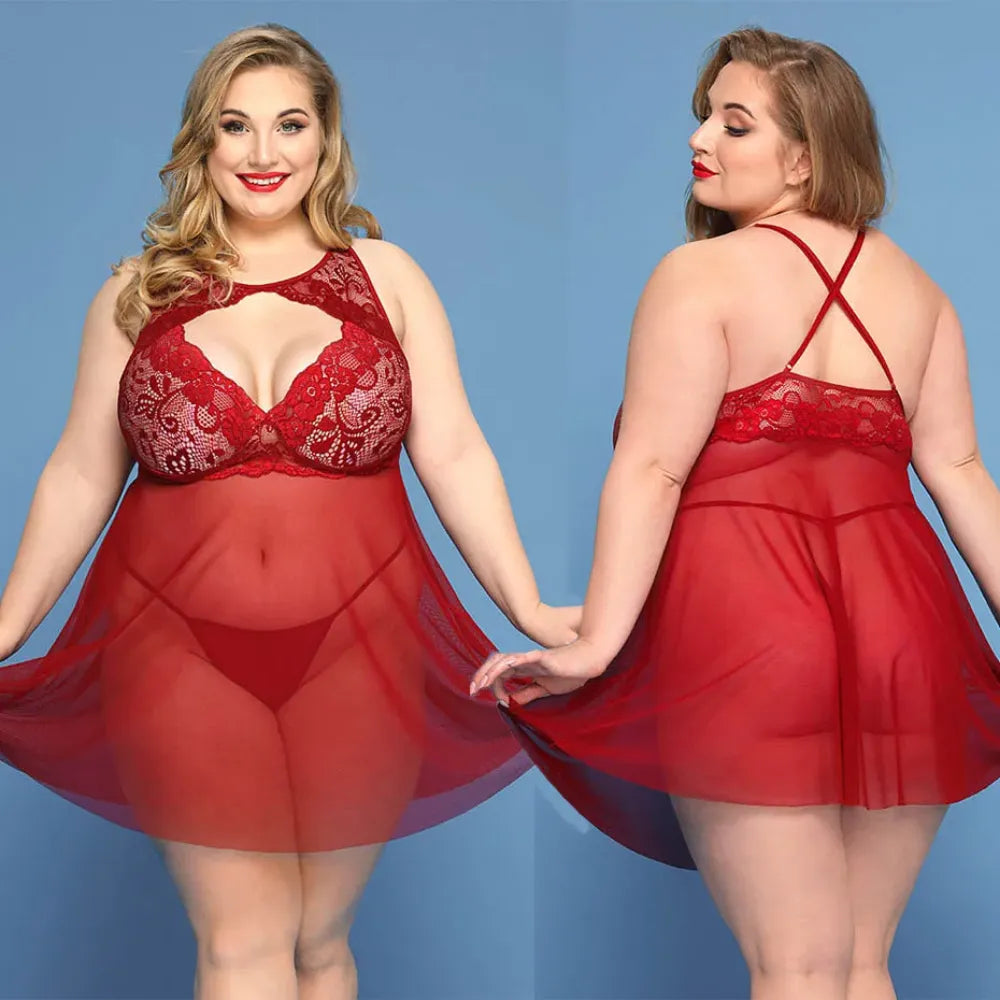 Plus Size Faux Leather Lingerie Dress Embroidered Sleepwear