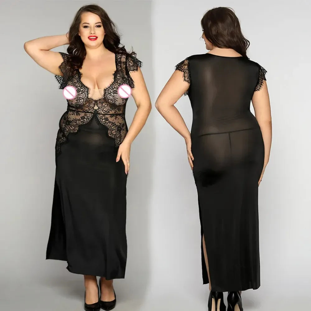 Plus Size Faux Leather Lingerie Dress Embroidered Sleepwear